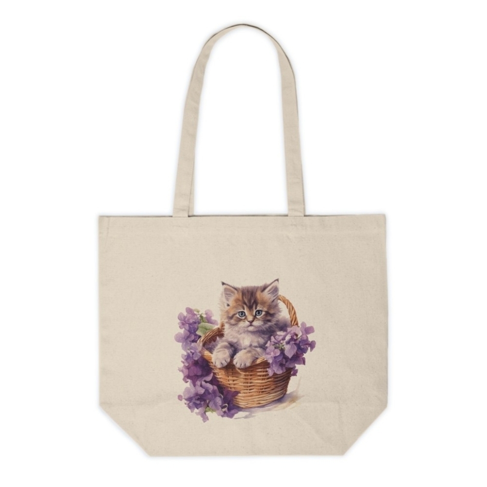 Floral Cat in a Basket Custom Canvas Tote Bag
